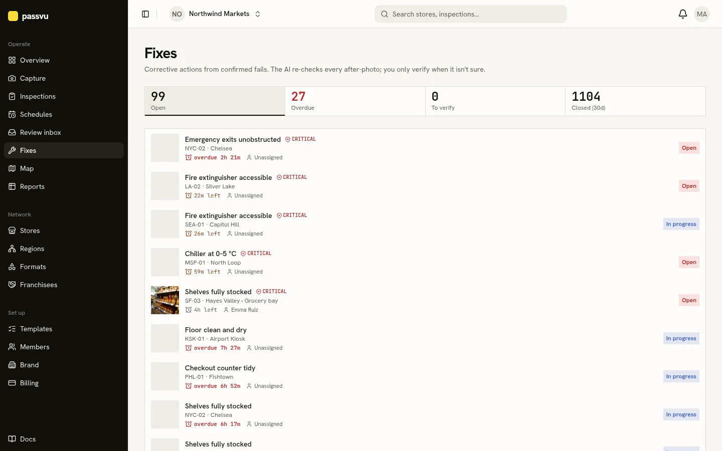 Fixes list with status and time left