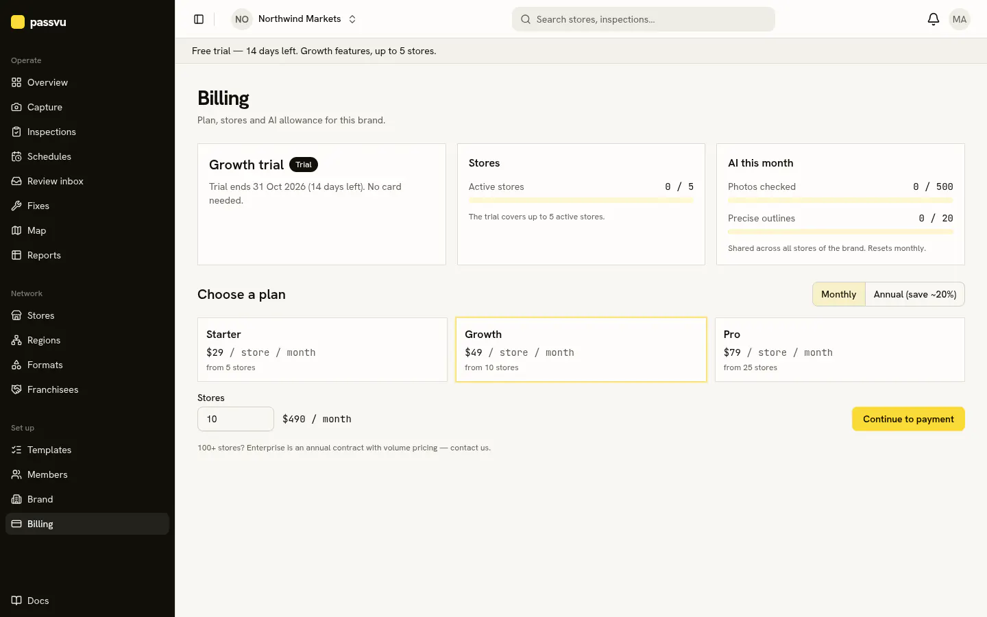 Billing page during the free trial