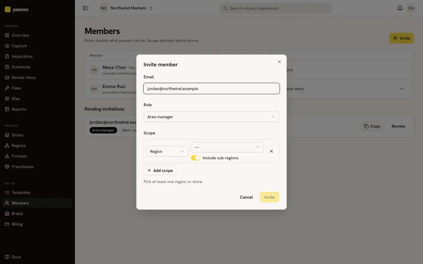 The invite form: email, role and stores