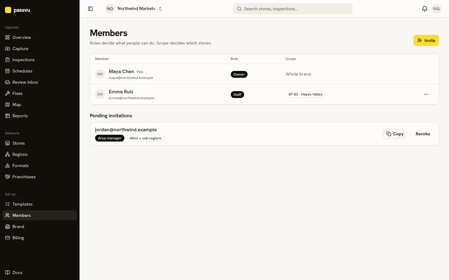 Members page with team members and open invites