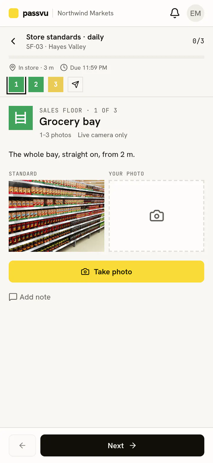 Passvu capture screen on a phone: shot list, standard photo and Take photo button