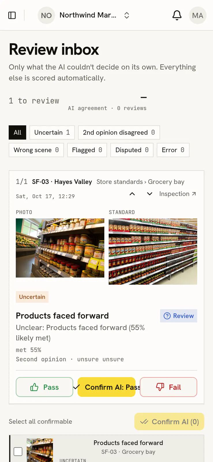 Review inbox with an uncertain AI answer, photo and standard side by side