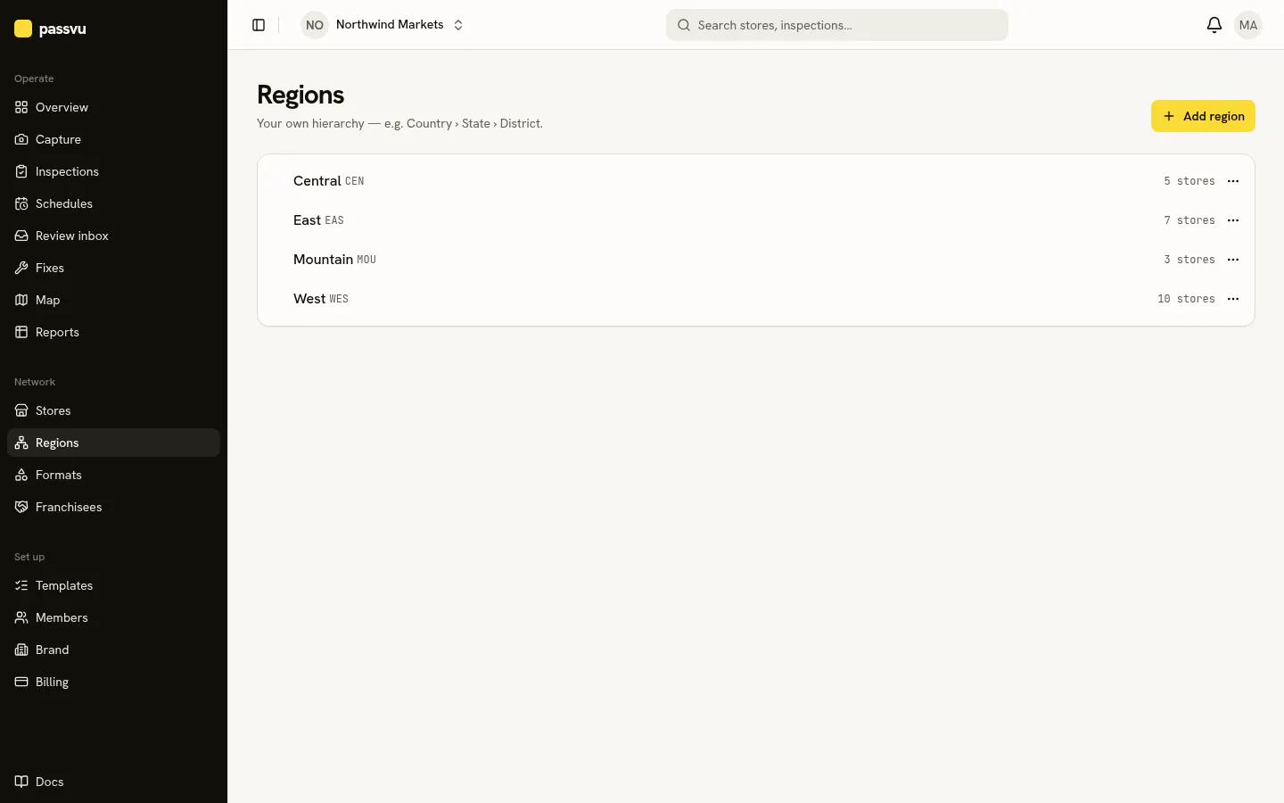 Regions page with store counts