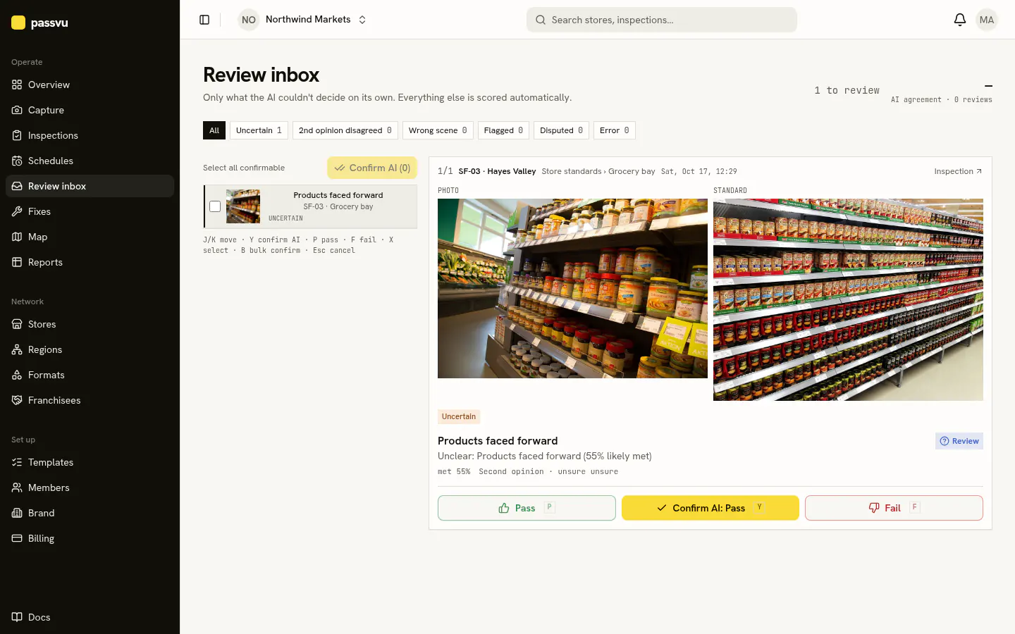 Review inbox with an uncertain AI answer, photo and standard side by side