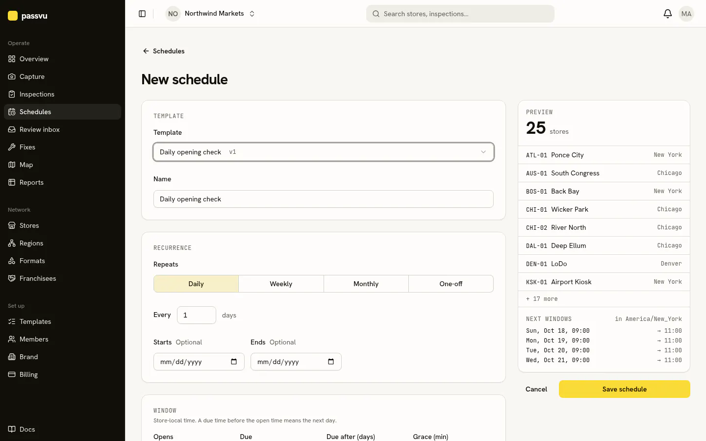 New schedule with a live count of matching stores
