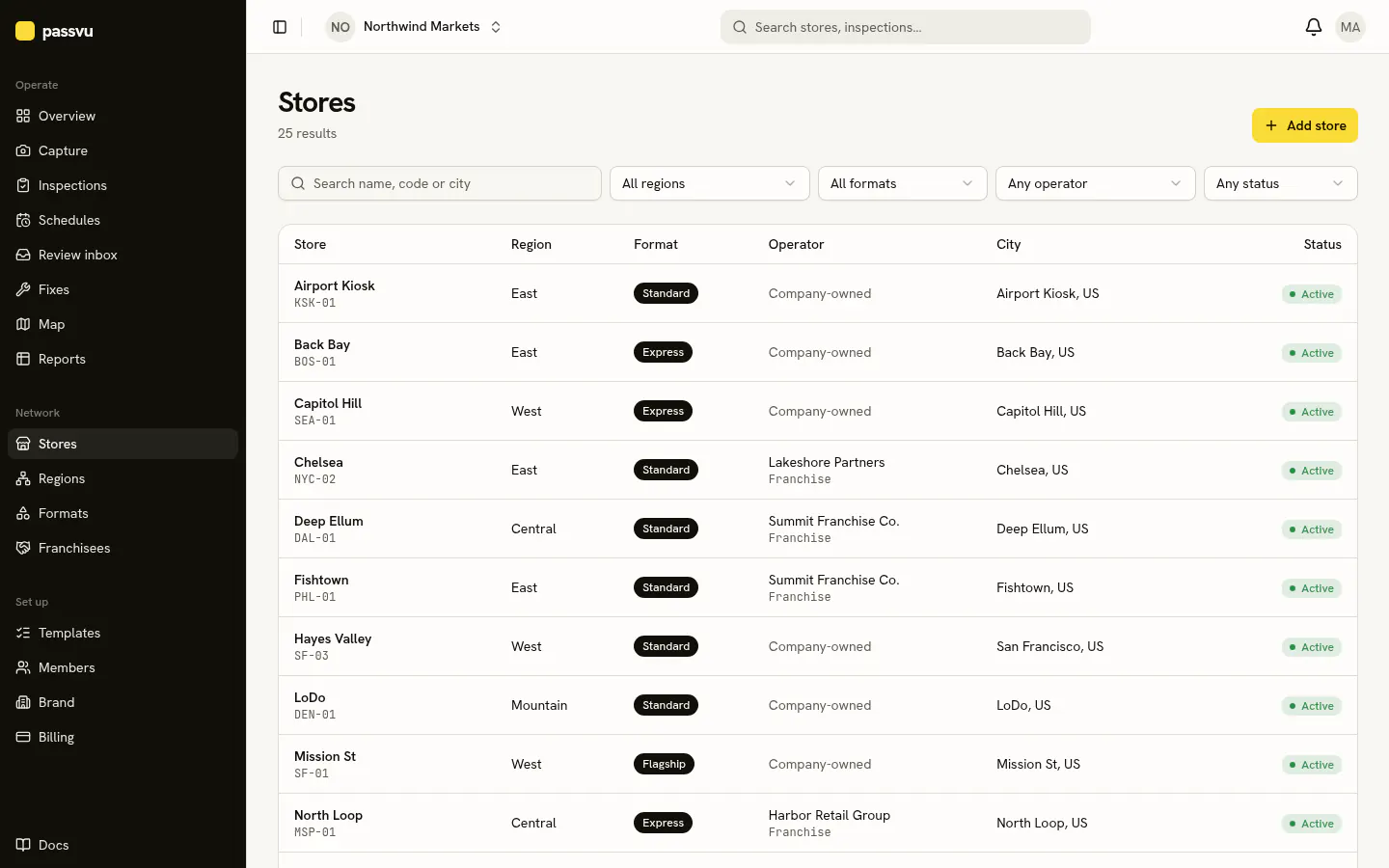 Store list with search and filters