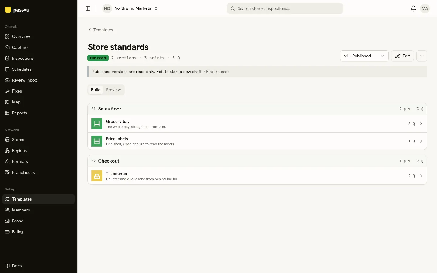 Checklist editor with two sections and three photo spots